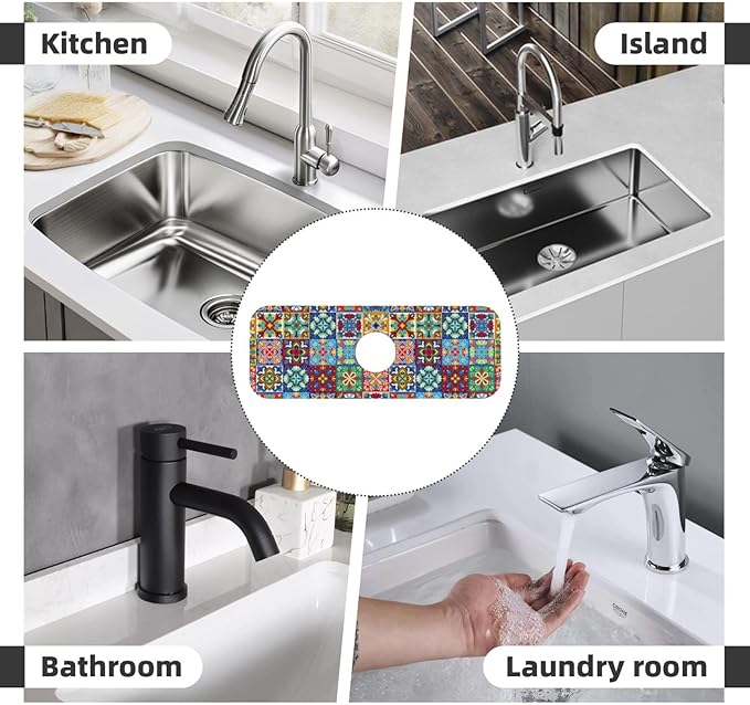 Talavera Mexican Ceramic Tiles Boho Kitchen Sink Splash Guard Faucet Mat 1 Pcs, Absorbent Fast Drying Mat Gadgets Splash Guard For Bathroom 15 X 5.5 Inches
