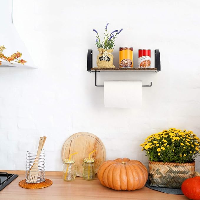 BTY Paper Towel Holder with Shelf, Vintage Farmhouse Wall Mounted Paper Towel Holder Under Cabinet Spice Rack for Kitchen, Bathroom Toilet Paper Dispenser Rustic Brown