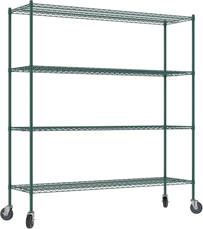 Commercial NSF Listed Green Epoxy Mobile Wire Shelving Kit 21" x 72" x 80", with 4 Shelves Perfect for Warehouse, Walk-in Refrigerator, Freezer, Grocery Store, Restaurant, Dishroom