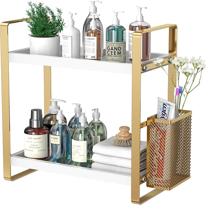 Bathroom Counter Organizer, Wood Vanity Trays with Basket, Skincare Countertop Organizers, Large Capacity Makeup and Perfume Organizer