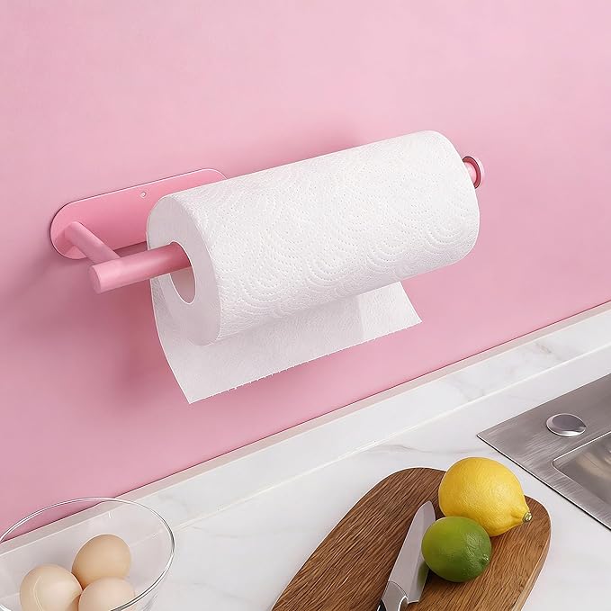 Pink Paper Towel Holder - Self Adhesive Paper Towels Roll Holders Under Cabinet, SUS304 Stainless Steel Wall Mount Towel Holder for Kitchen, Pantry, Sink, Bathroom