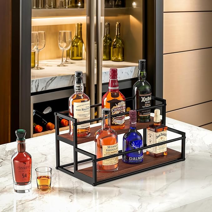 THYGIFTREE Liquor Bottle Display Shelf 2 Tier Rack Holder Bar Shelf Stand for Wine Whiskey Risers Organizer Kitchen Countertop