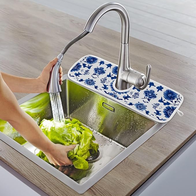 2 PCS Kitchen Sink Splash Guard 23.6 Inch Faucet Mat for Kitchen Sink Bathroom Sink Faucet Absorbing Drip Drain Mat Pad Microfiber Soft Washable Floral Blue and White Tile