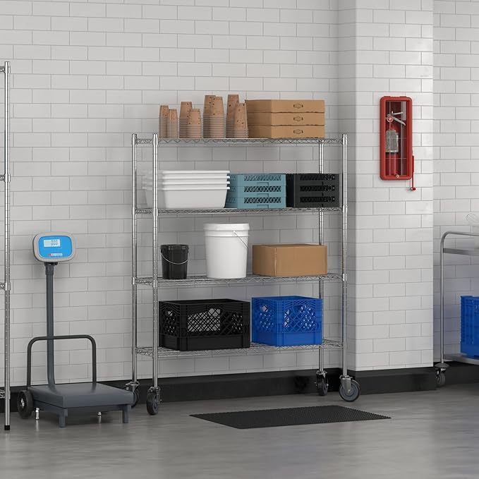 Commercial NSF Listed Chrome Mobile Wire Shelving Kit 12" x 48" x 60", with 4 Shelves Perfect for Warehouse, Walk-in Refrigerator, Freezer, Grocery Store, Restaurant, Dishroom