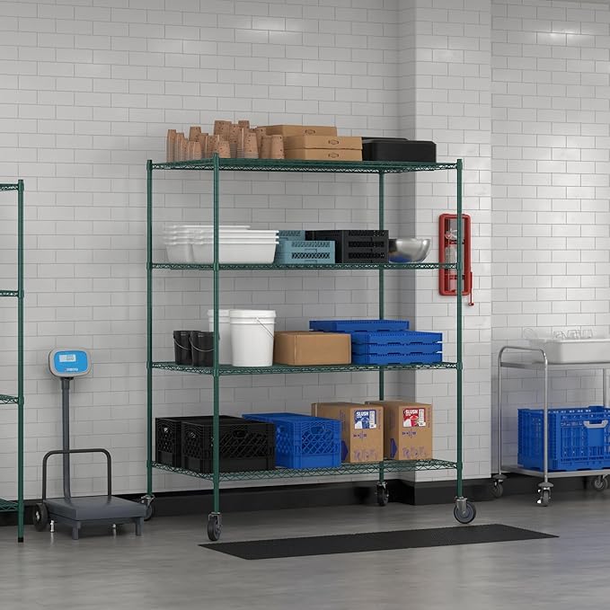Commercial NSF Listed Green Epoxy Mobile Wire Shelving Kit 36" x 60" x 80", with 4 Shelves Perfect for Warehouse, Walk-in Refrigerator, Freezer, Grocery Store, Restaurant, Dishroom