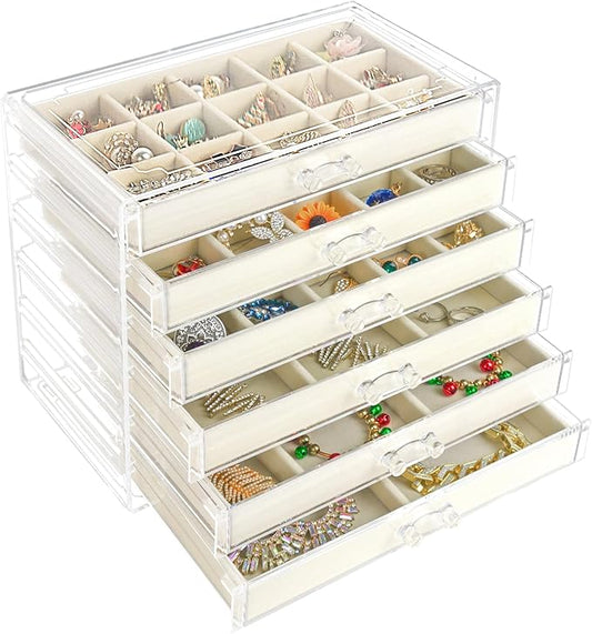 Acrylic Jewelry Box with 6 Drawers, Clear Earring Storage Organizer Display Case for Women Girls, Beige