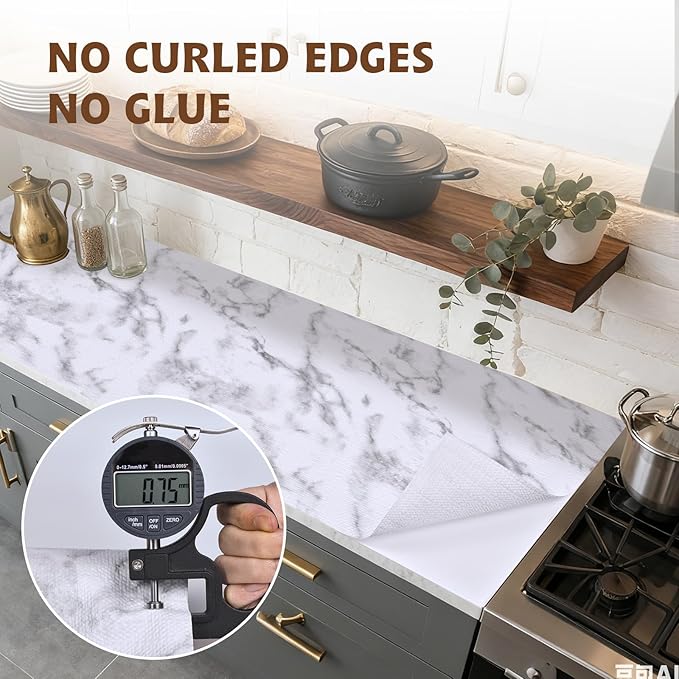 Shelf Liners for Kitchen Cabinets 17in x 20FT, Non Adhesive Drawer Liner Marble Pattern Thickened Shelf Liner Non-Slip Easy to Clean for Tool Box Refrigerator with Knife and Tape Measure