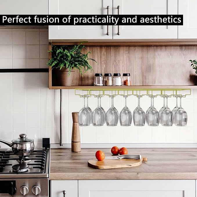 8-Row Wine Glass Rack Under Cabinet, 31 inch Stemware Hanger under Shelf, Large Capacity Glasses Storage for Bars and Kitchen Counters