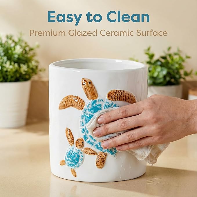 Turtle Kitchen Utensil Holder Cooking Utensil Crocks For Kitchen Tool Holder Counter White Ceramic Utensil Organizer 3D Turtle Decor Easy-Grip Glossy Glaze Countertop Storage Utensils Caddy
