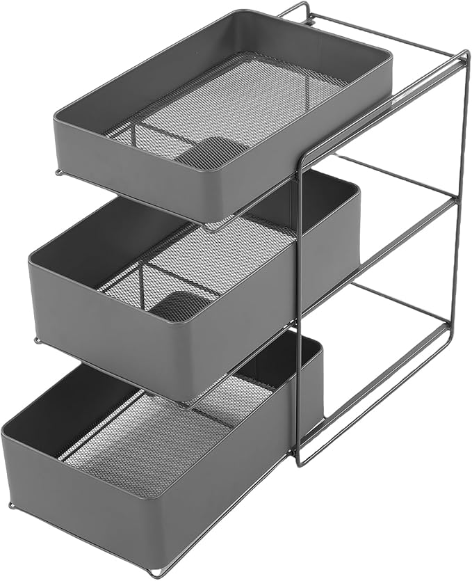 Under Sink Organizer, 3-Tier Pull Out Bathroom Cabinet Countertop Organizers Shelf, Extendable Drawer Kitchen Storage Sink Shelves for Bathroom Laundry Pantry