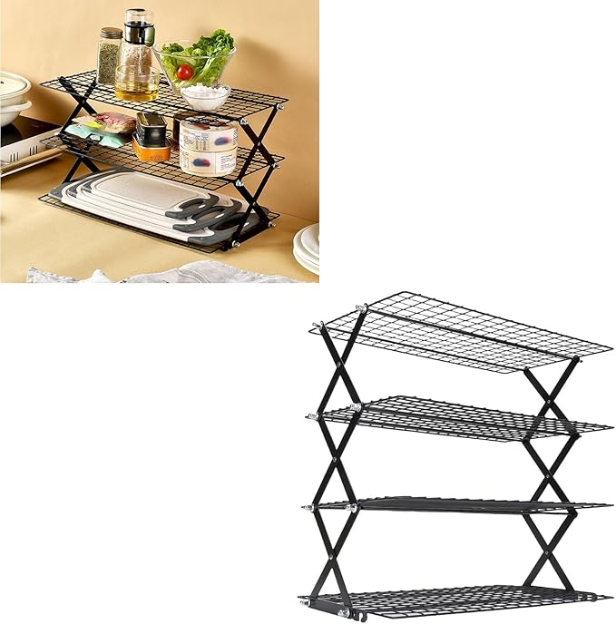 Foldable Countertop Storage Rack, Multi Tires Stainless Steel Space Saving Shelf Collapsible Stackable Organizer with Mesh Design for Drying Food Seasoning (4 Layers)