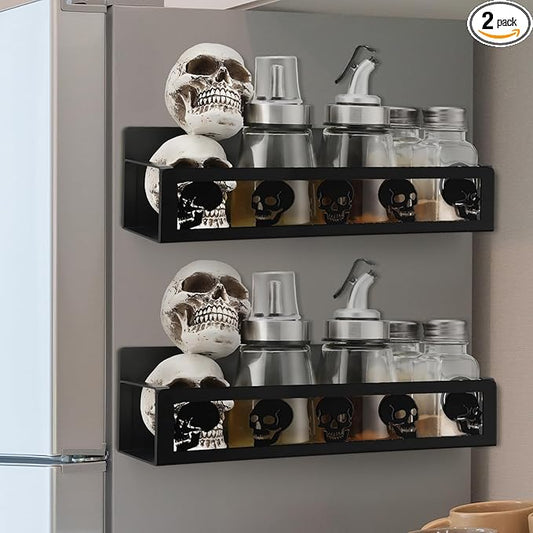 2 Pack Skull Head Magnetic Spice Rack for Refrigerator Metal Magnet Basket Shelf for Fridge Seasoning Storage Organizers Home Decor Kitchen Accessories (Black)