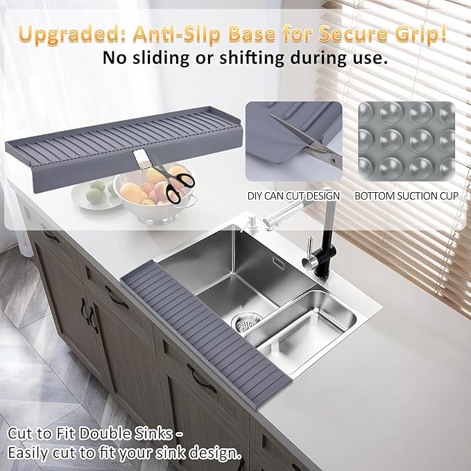 AyNirser Sink Edge Protector with Suction Cup 4"x24", Silicone Sink Splash Guard for Kitchen & Bathroom, Protect Countertop from Scratches, Stains, for Stainless Steel Granite Quartz-Grey