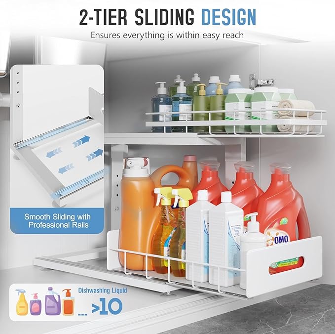 2 Pack 16.7 IN Depth Under Sink Organizer with Smooth Ball Bearing Slides,2-Tier Pull Out Cabinet Storage,Slide Out Drawers for Bathroom&Kitchen,Rust-resistant Coating,Height Adjustable-White