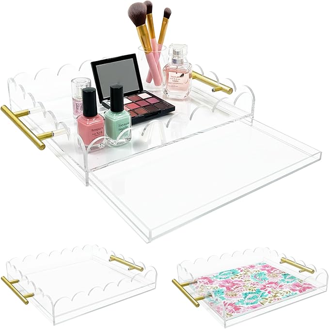 Scalloped Acrylic Tray with Metal Handles,12" x 12" Clear Acrylic Display Tray with Pull-Out Drawer for Photos, Art Prints, Postcards, Decorative Organizer Trays for Vanity,Home,Office