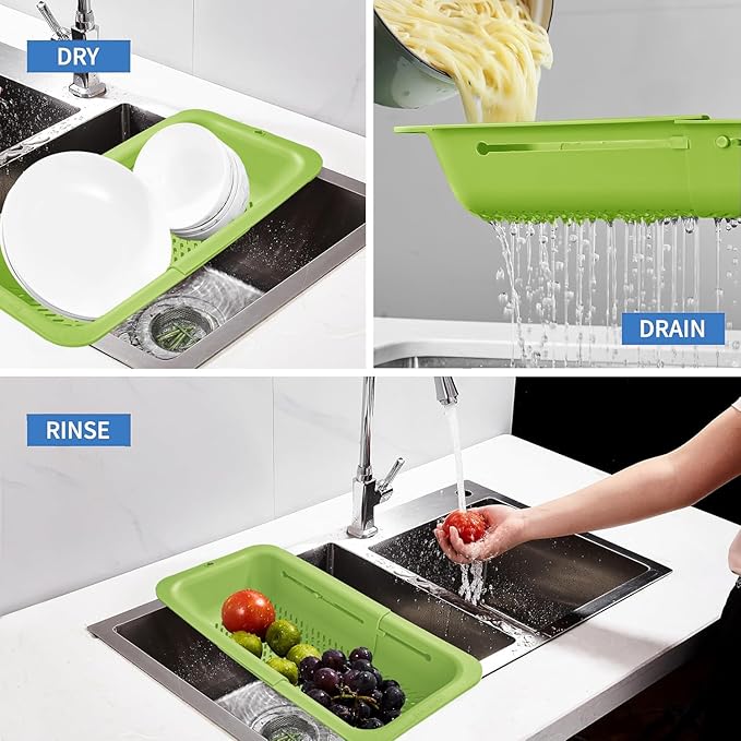 LASSHSWA Collapsible Colander and Strainer for Kitchen, Over the Sink Strainer Basket for Kitchen, Fruit Pasta Food Strainer Expandable Plastic Colander (Green)