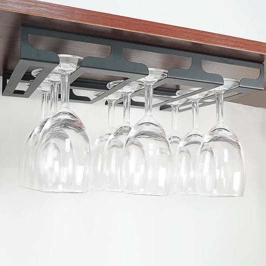 Wine Glass Rack - Under Cabinet Stemware Wine Glass Holder Glasses Storage Hanger Metal Hanging Organizer for Bar Kitchen 3 Rows Black