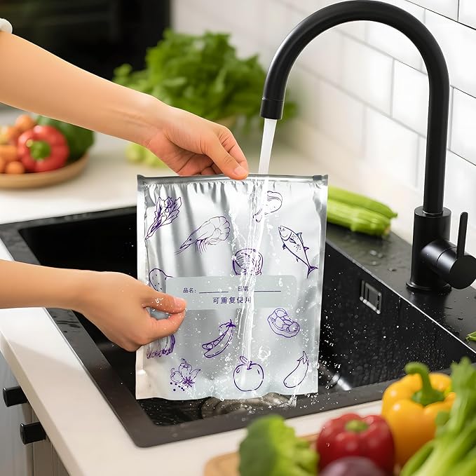 Reusable Aluminum Foil Food Storage Bags, Foil Storage Bags for Food, Reusable Food Storage Bags for Freezer & Refrigerator, Reduce Waste, Keep Food Fresh, Writable Label(50-Pack, 10Wx11.4H)