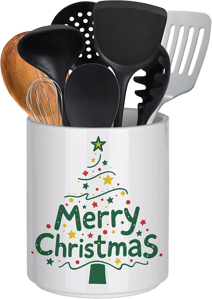 Christmas Utensil Holder Ceramic Cooking Utensil Holder for Kitchen Counter Green Xmas Tree Utensils Holder, Large Spatula Holder Glossy White Christmas Gift Kitchen Decor （6.5”H x 5.5”D）