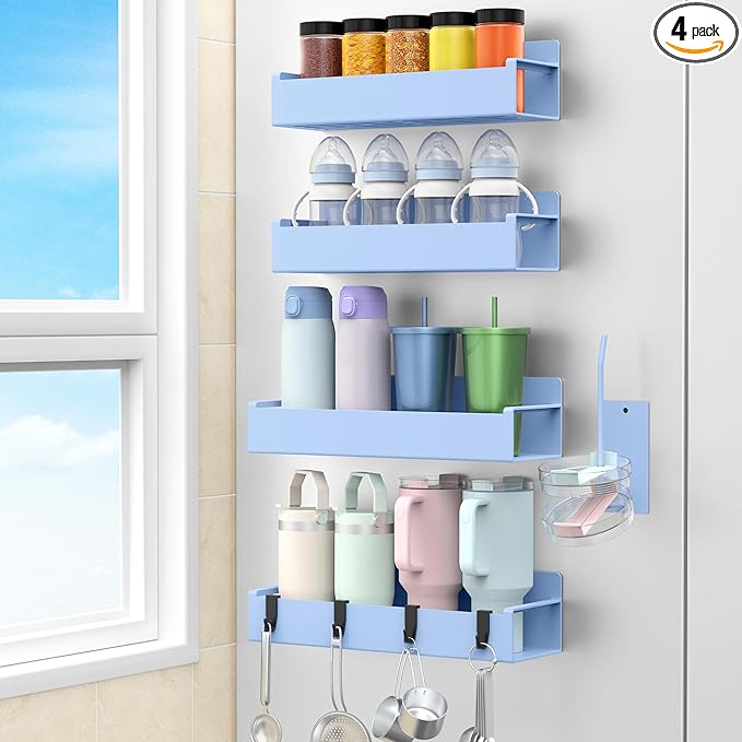 HuggieGems Magnetic Water Bottle Holder for Refrigerator, Cup Holder Organizer for Stanley and Tumbler for Kitchen, 4 Pack, Light Blue