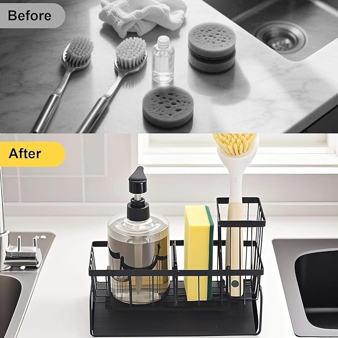 Black Sponge Holder, Kitchen Sink Caddy Organizer, Rustproof with Drip Tray for Soap Dispenser, Brushes & Sponges, Countertop Sponge Dock with Drain Pan