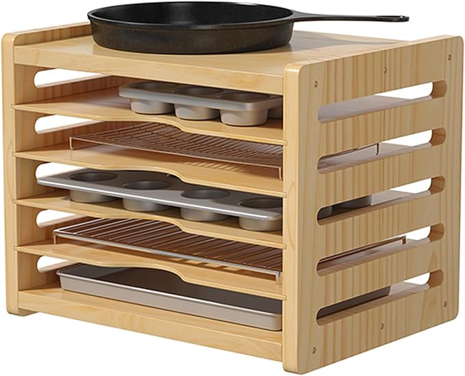 tonchean Wooden Cabinet Tray Dividers 6 Tier Baking Cookie Sheet Organizer Kitchen Vertical Tray Divider Organizer for Pots, Cutting Board, Pans, Kitchen Organizers and Storage