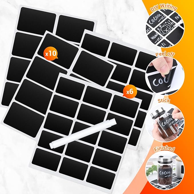 Segarty Chalkboard Labels, 170 Pcs Square Blank Labels with 1 White Chalk Marker for Spice Jars, Waterproof Revmovable Black Stickers for Food Containers, Seasoning Bottles, Kitchen Storage Bin