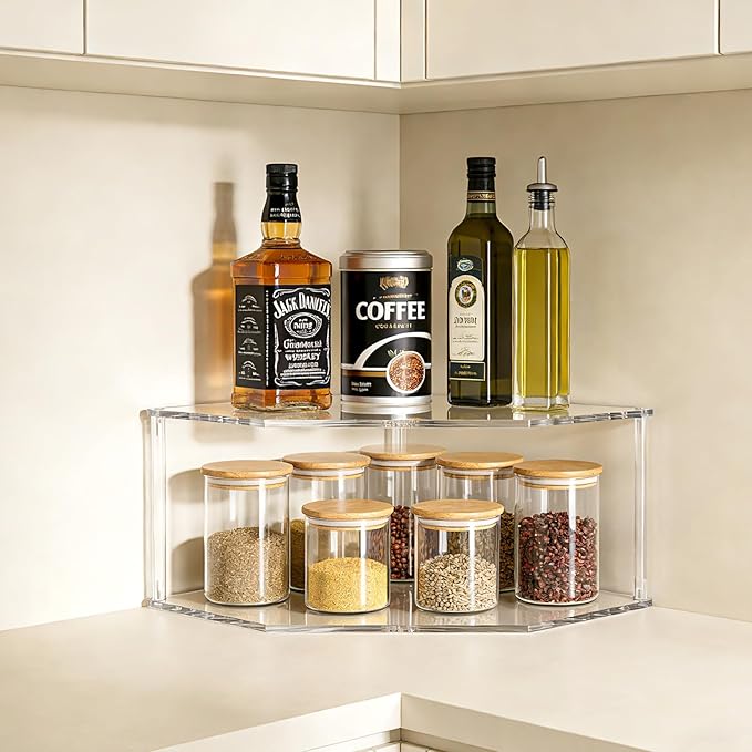 Acrylic Corner Shelf (2 Pack), 2 Tier Acrylic Plate Organizer for Cabinet & Countertop, Pantry Dish and Spice Rack for Kitchen Storage