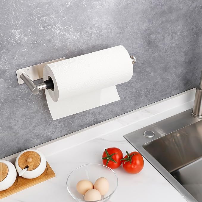 Paper Towel Holder Under Cabinet, Single Hand Operable Paper Towel Roll Holder with Damping Effect, Self-Adhesive or Drilled Stainless Steel Paper Towel Holder for Kitchen Bathroom RV