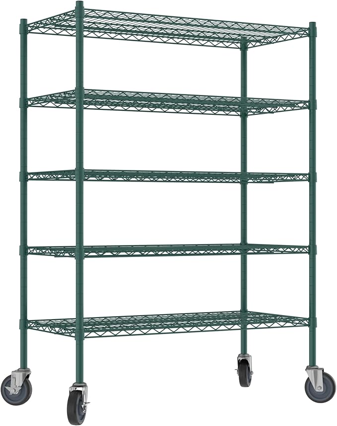 Commercial NSF Listed Green Epoxy Mobile Wire Shelving Kit 21" x 42" x 60", with 5 Shelves Perfect for Warehouse, Walk-in Refrigerator, Freezer, Grocery Store, Restaurant, Dishroom