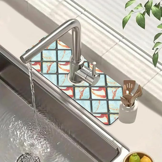 Rendering Marble Sink Splash Guard Faucet Mat Blue Wall Tiles Super Absorbent Fast Drying Mat Sink Gadgets-Splash Guard Behind Faucet Drip Catcher for Kitchen Bathroom, 15.5"x5.5"