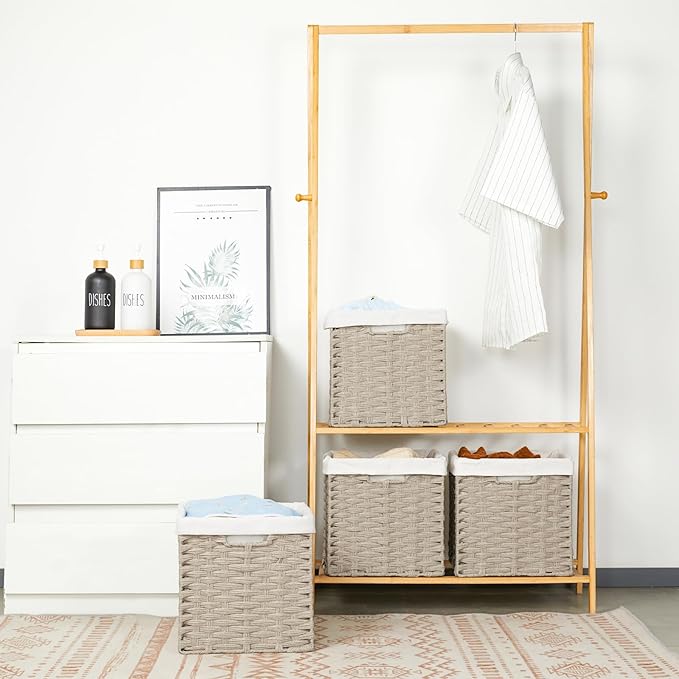 Bidtakay Wicker Storage Baskets for Organizing 4-Pack Hand-Woven Imitation Wicker Cube Storage Bins with Liners for Shelves Closet Cabinet 11x11 Waterproof Cube Organizer for Pantry-Greyish Beige