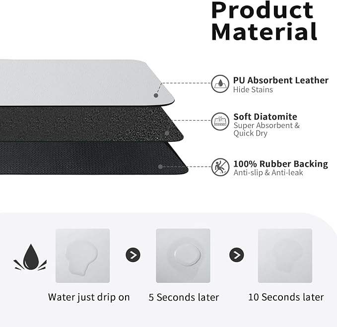 Dish Drying Mat for Kitchen Counter, Heat Resistant Drainer Mats with Non-slip Rubber Backed, Hide Stain Kitchen Super Absorbent Draining Mat, Easy to Clean Dish Rack Pad, Light Grey 18"x32"
