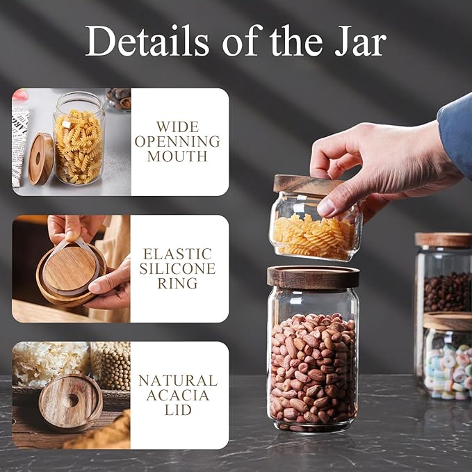 Glass Jars with Airtight Wood Lids - 57 OZ Large Tall Kitchen Pantry Storage Containers, Decorative Canister for Pasta, Spaghetti, Fusilli, Noodles, Coffee Beans, Oats, Cereal, Tea, Nuts, Set of 2