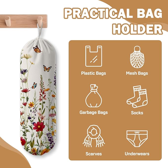 Plastic Bag Holder, Grocery Bag Organizer Storage, Kitchen Dispenser Holders Reusable Shopping with Adjustment Drawstring Closure for Kitchen Farmhouse Decor, Flower and Butterfly
