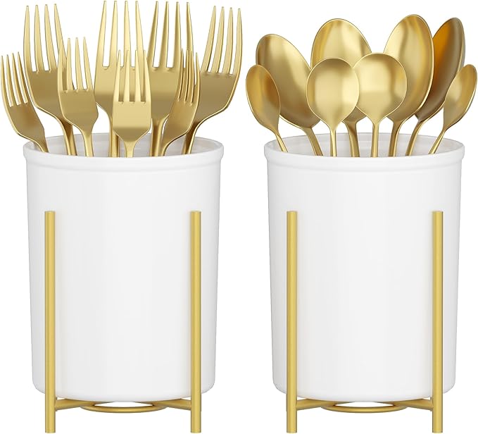 Lifewit Plastic Silverware Holder for Kitchen Countertop, Cutlery Flatware Caddy with Metal Bracket, Utensil Spoon Fork knives Organizer for Party Picnic, Gold, 2 Pack