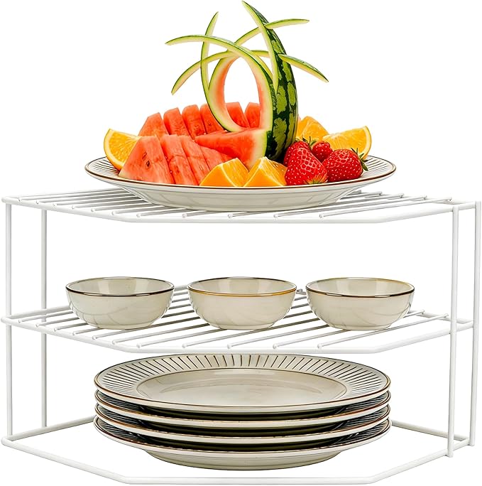 3-Tier Kitchen Corner Shelf Rack – 10x10x7 Inch Metal Wire Counter & Cabinet Organizer, Pantry Kitchen Counter Storage Shelf and Organizer for Plates, Cups, Dishes (White)