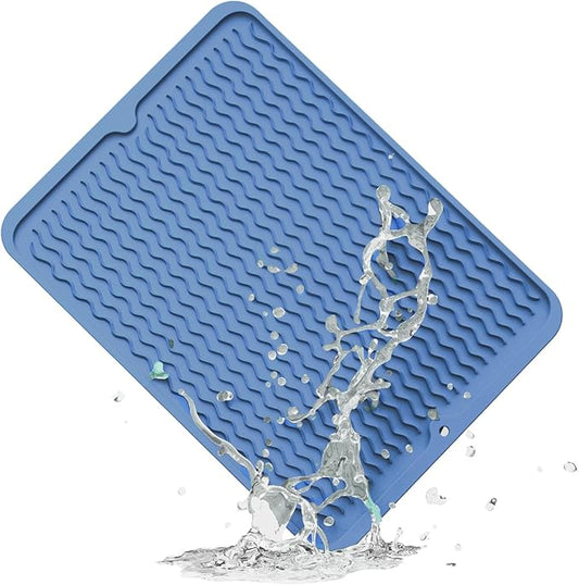 ZLR Silicone Dish Drying Mat & Heat Resistant Trivet (12" x 16") - Waterproof Counter Protector for Air Fryer, Coffee Maker - Non-Slip, BPA Free Kitchen Pad, Easy Clean Dishwasher Safe (Lichen Blue)