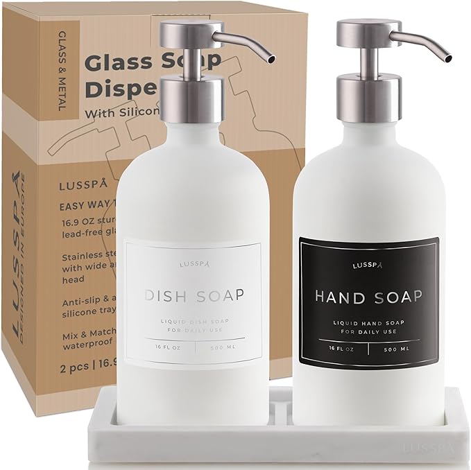 Lotion, Hand & Dish Soap Dispenser for Kitchen & Bathroom | Soap Dispenser Set of 2 16.8 Oz Glass Bottles with Stainless Steel Pump, 15 Water Proof Labels & Silicon Tray (White/Silver)