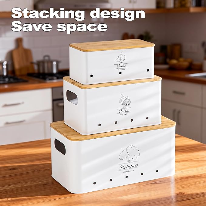 Potato Onion and Garlic Storage Bin Set of 3, White Metal Kitchen Vegetable Canisters with Bamboo Lid and Aerating Holes, Stackable Kitchen Storage Tin for Countertop Pantry