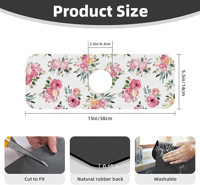 Pink Red Rose Roses Floral Flower Kitchen Sink Splash Guard Faucet Mat Super Absorbent Fast Drying Mat Sink Gadgets-Fast Drying Pad Sink Mat For Kitchen Bathroom (15" X 5.5" )