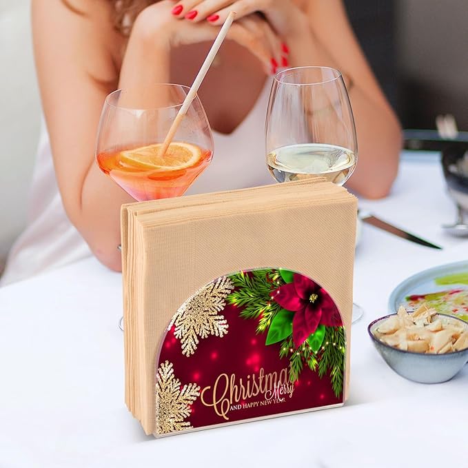 Christmas Poinsettia Flower Napkin Holder for Table Paper Napkins Holder Acrylic Tissue Dispenser Kitchen Dining Room Bathroom Party Car Decor