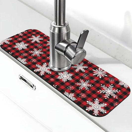 Snowflake Christmas Red Buffalo Plaid Kitchen Sink Splash Guard Faucet Mat Super Absorbent Fast Drying Mat Sink Gadgets-Fast Drying Pad Sink Mat For Kitchen Bathroom (15" X 5.5" )