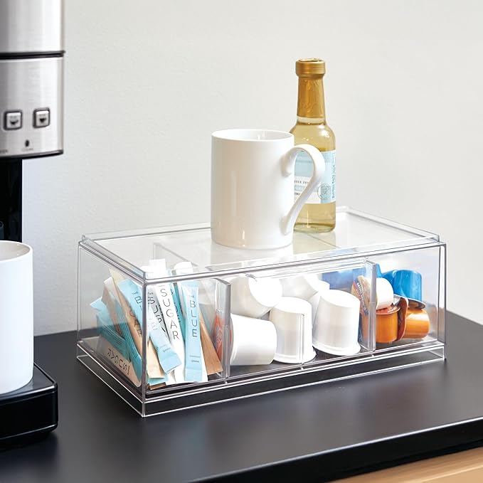 iDesign Stackable 4-Section Tea Storage Drawers - Tea Bag Organizers for Cabinet or Countertop - Set of 4 - Clear