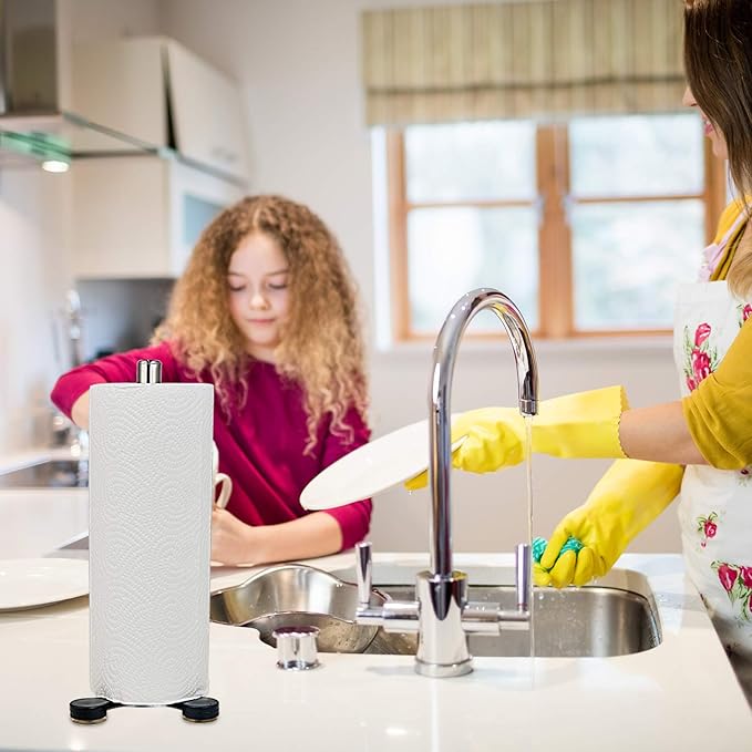 2 Pcs Stainless Steel Countertop Paper Towel Holder, Stable Paper Roll Stand with Suction Cups for Wall or Table