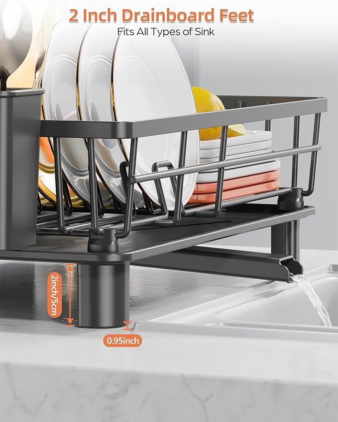Dish Drying Rack, Stainless Steel Drainer Rack with Drainboard with Smart Drainage System, Space Saving Dish Strainer for Kitchen Counter with Cutlery Holder, Black