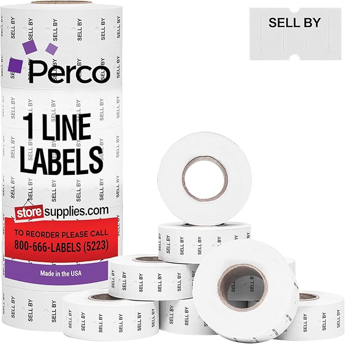 Perco 1 Line Sell by Labels - 8 Rolls, 1 Sleeve, 8,000 Blank Date Gun Labels for Perco Lite, X, Plus and Pro 1 Line Date Guns - Made in USA