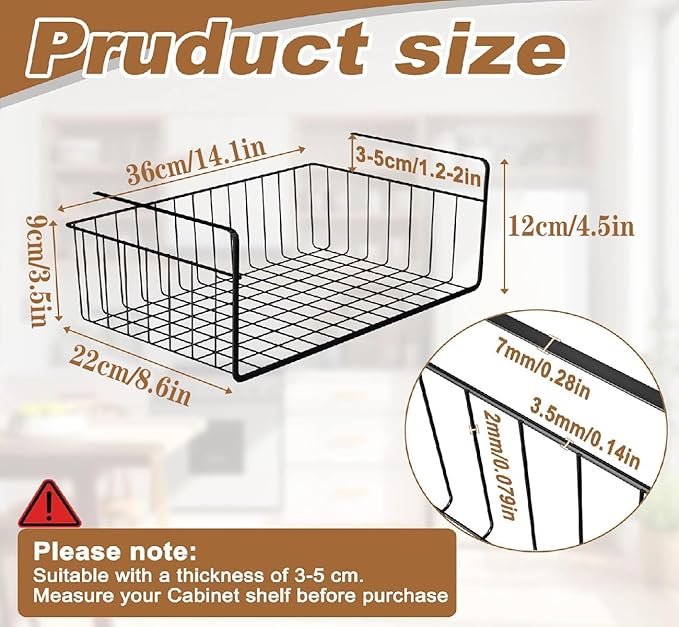 2 Pack Under Shelf Storage Basket Under Shelf Hanging Metal Wire Storage Basket for Kitchen Cabinet Cupboard Organizer Black