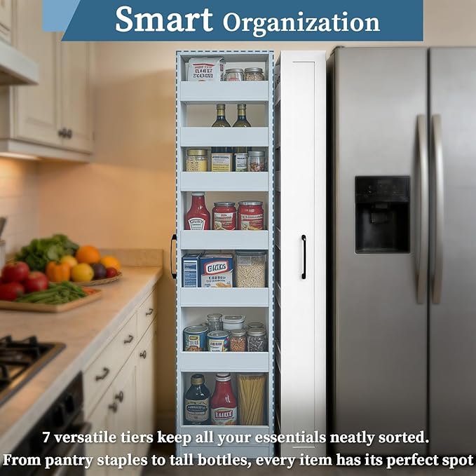 Slim Storage Cabinet, 7 Tier Pull Out Pantry Shelf for Kitchen, Narrow Rolling Storage Cart with Handle, Skinny Spice Rack Next to Fridge for Small Spaces, White