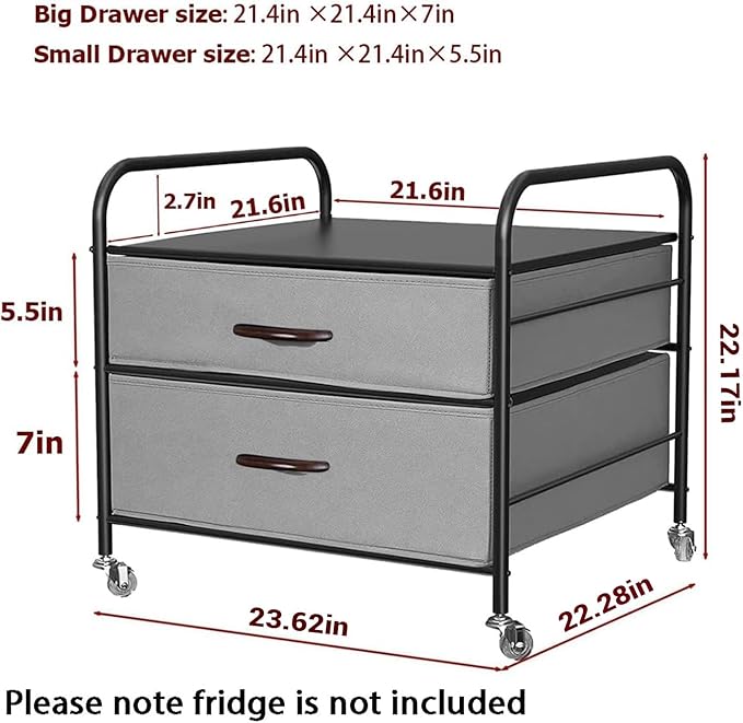 Mini Fridge Stand, Fridge Stand with Storage, 2 Drawer Fridge Cart, Organizer Unit for Mini Fridge, Fridge Stand with Metal Frame and Fabric Drawers, Mini Fridge Table with 4 Swivel Wheels